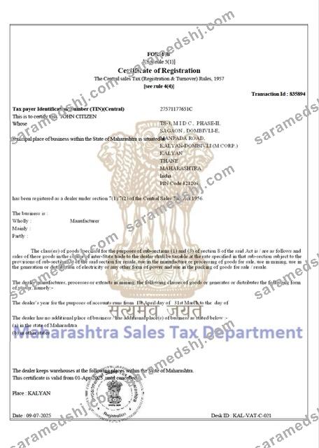 India Maharashtra certificate of taxpayer registration Word and PDF template